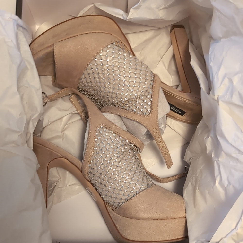 Nine West Pink and Tan Heels with Rhinestone Embellishments